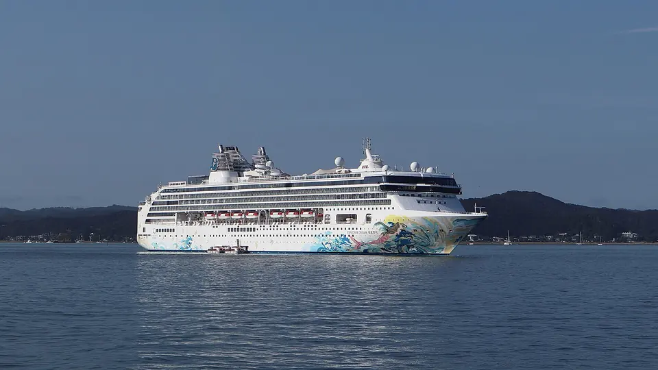 Cruise vessel lying at anchor offshore, seen across open water.